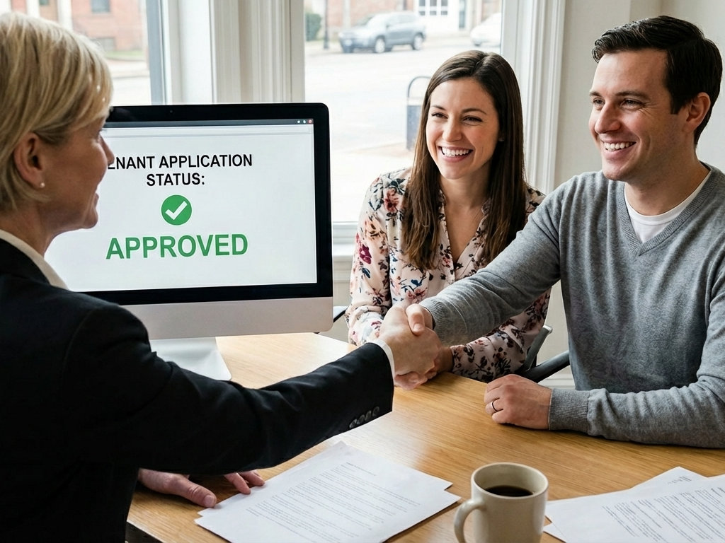Professional landlord reviewing tenant verification results on laptop showing instant approval with green checkmarks for income verification, rental history, and fraud checks